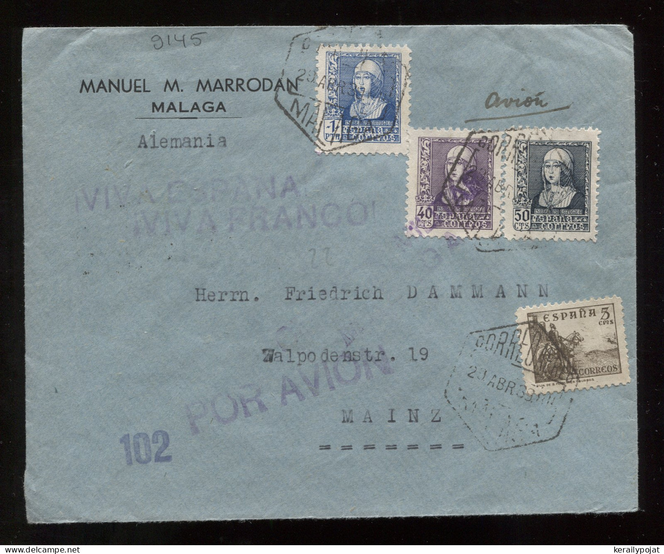 Spain 1939 Malaga Censored Air Mail Cover To Mainz__(9145) - Covers & Documents