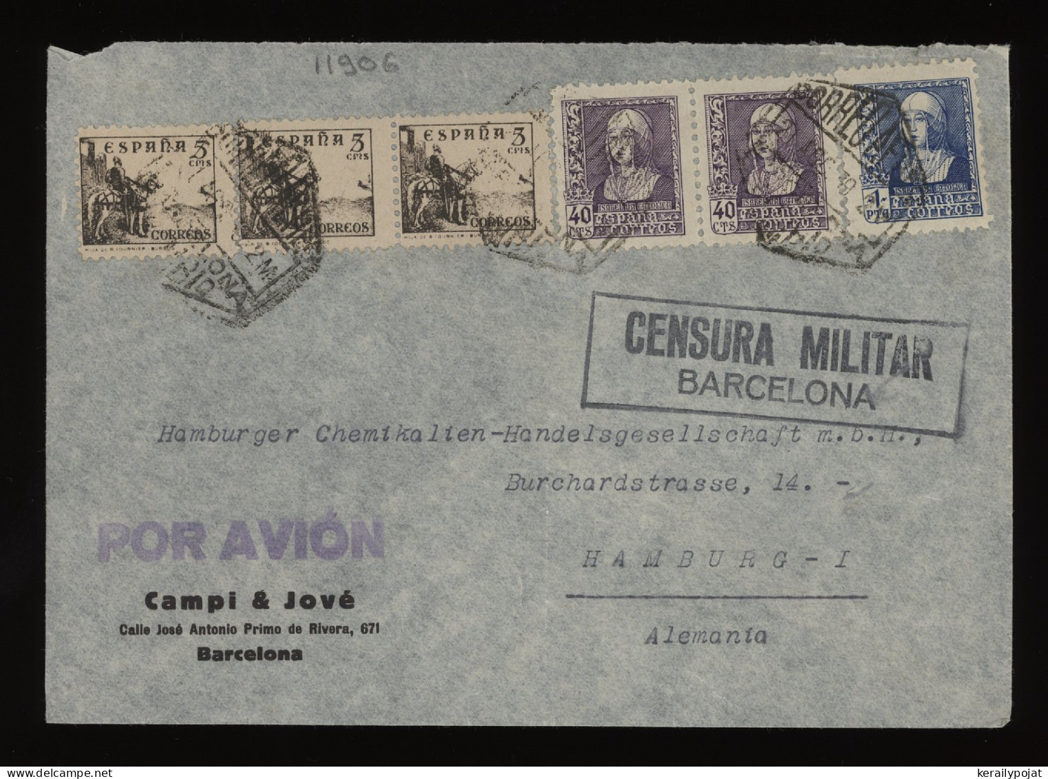 Spain 1939 Barcelona Censored Air Mail Cover To Germany__(11906) - Briefe U. Dokumente