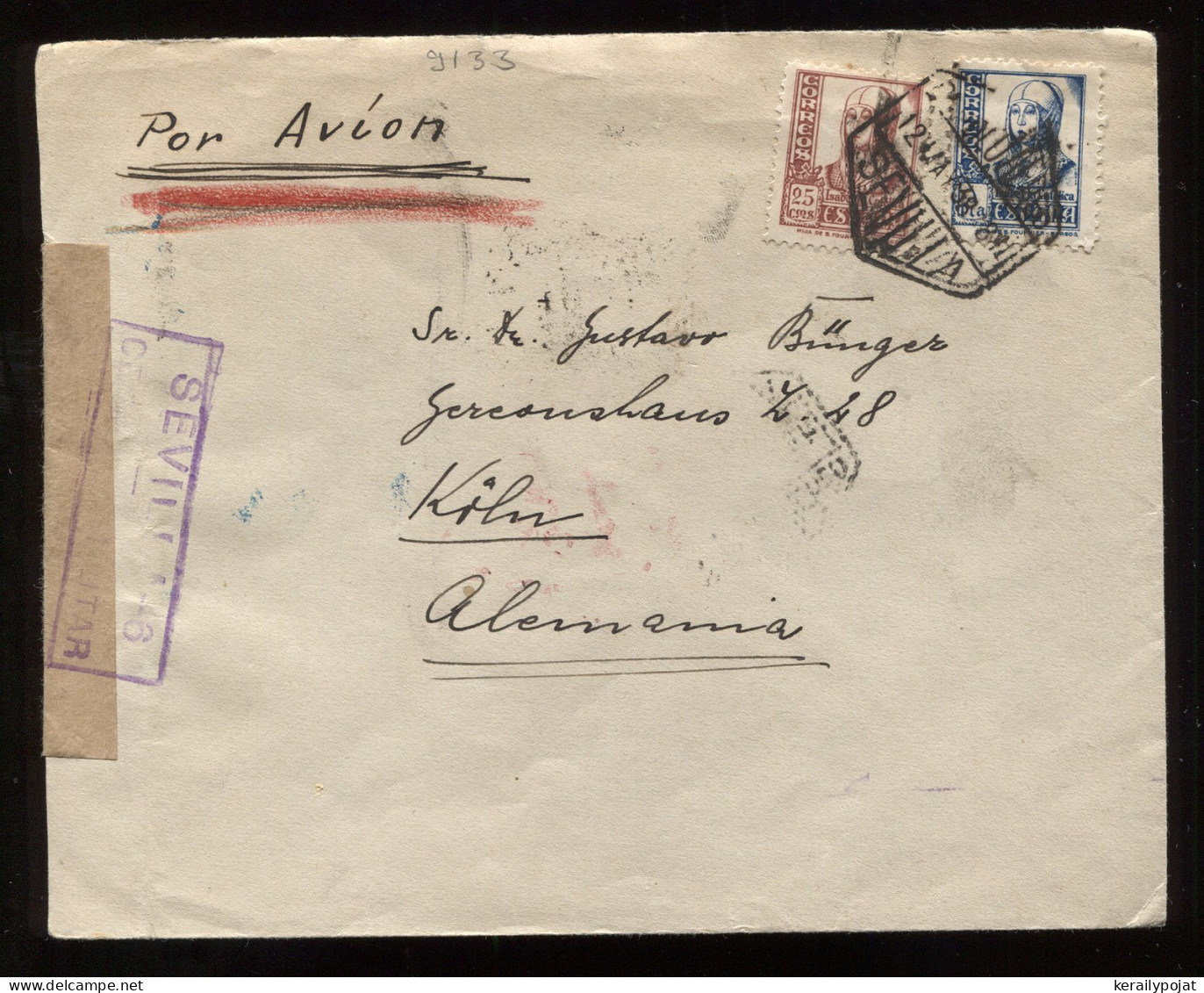 Spain 1938 Sevilla Censored Air Mail Cover To Köln__(9133) - Cartas & Documentos