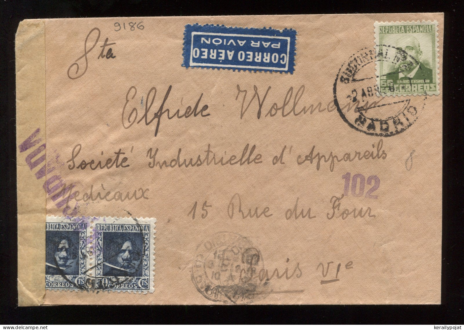 Spain 1938 Madrid Censored Air Mail Cover To France__(9186) - Lettres & Documents