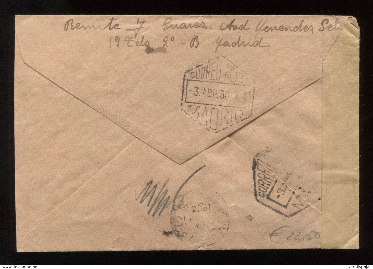 Spain 1938 Madrid Censored Air Mail Cover To France__(9186) - Lettres & Documents