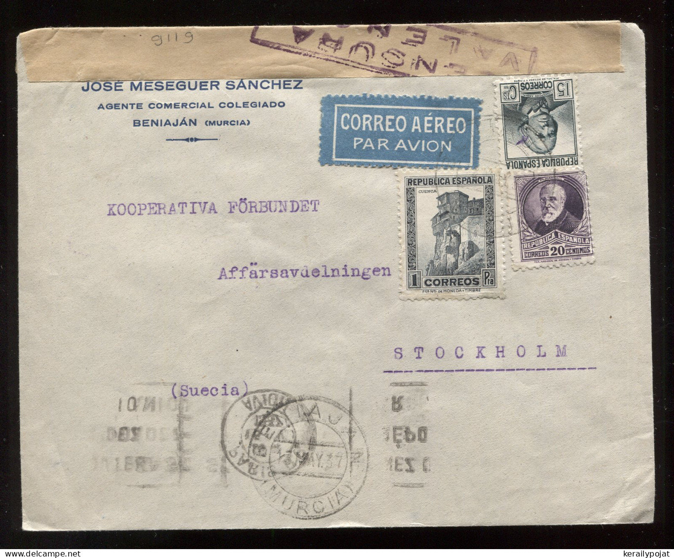 Spain 1937 Beniajan Censored Air Mail Cover To Sweden__(9119) - Brieven En Documenten