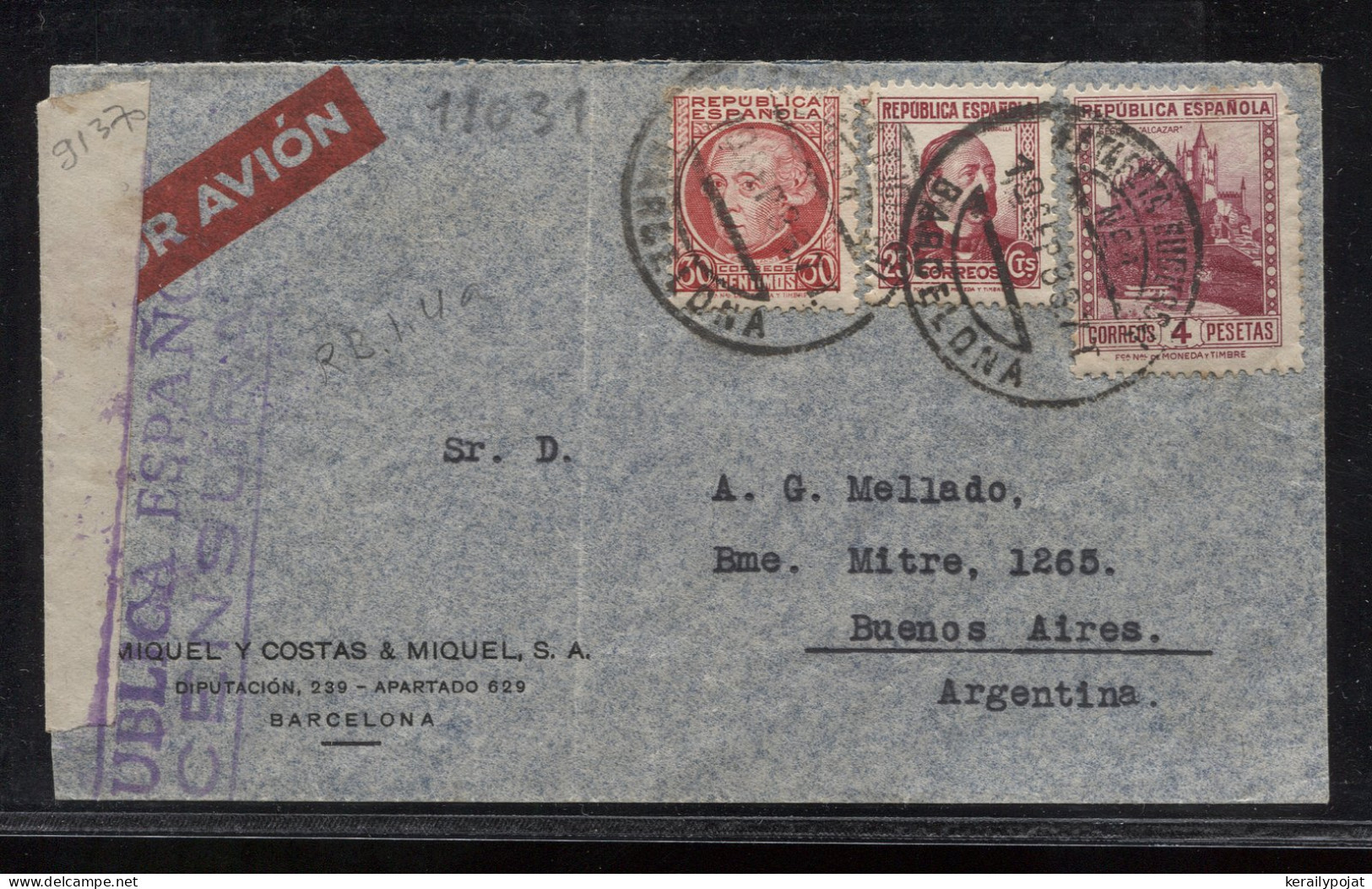 Spain 1936 Barcelona Censored Air Mail Cover To Argentina__(9137) - Briefe U. Dokumente