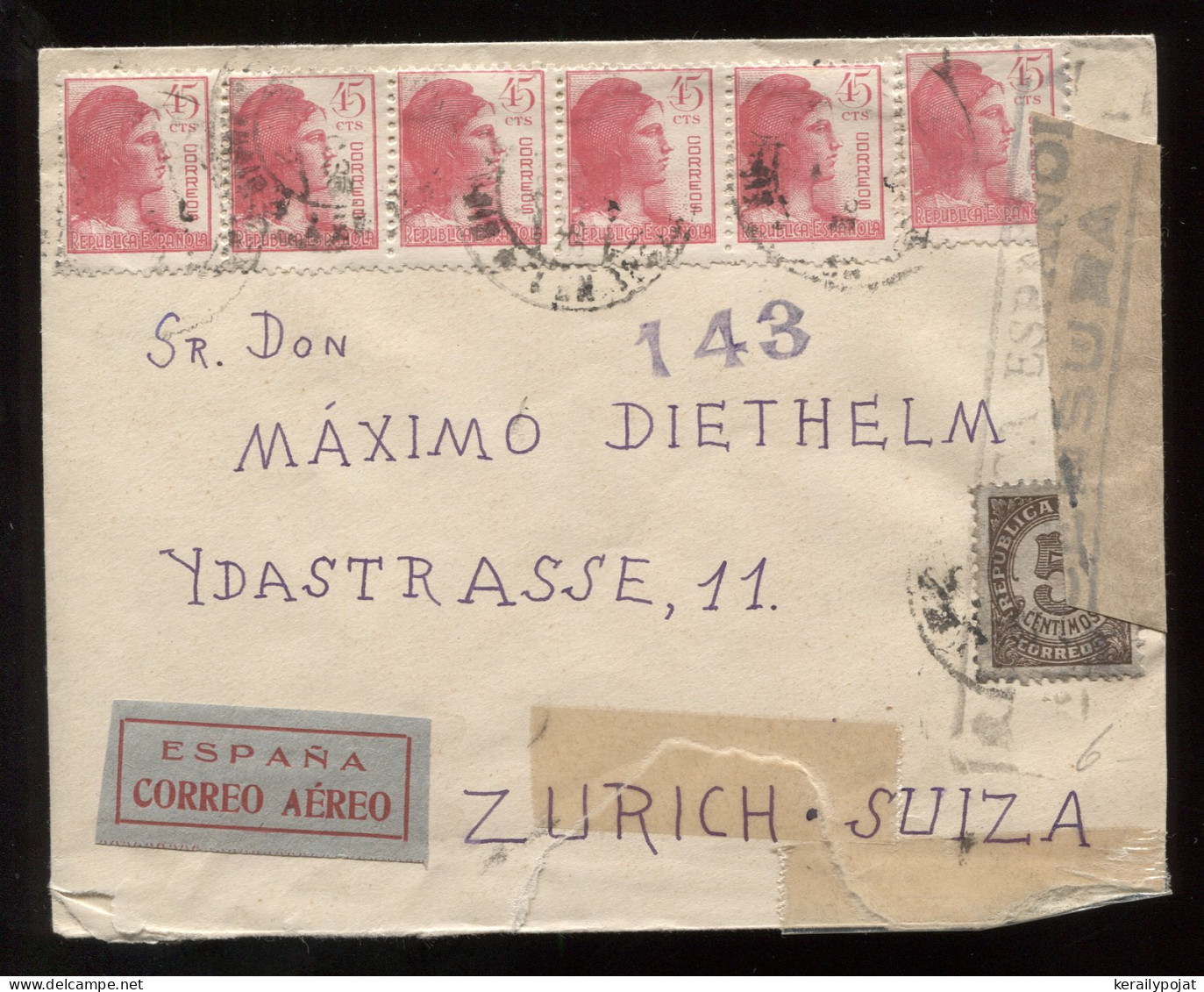 Spain 1930's Censored Air Mail Cover To Switzerland__(9187) - Cartas & Documentos