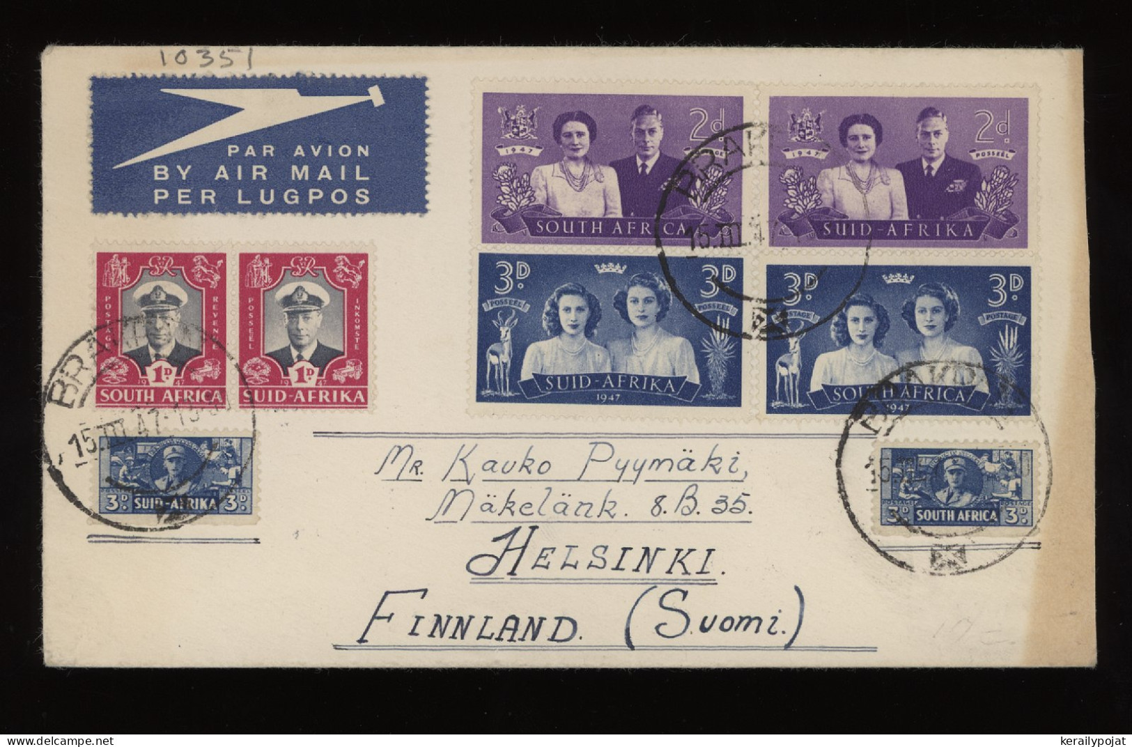 South Africa 1947 Air Mail Cover To Finland__(10351) - Luftpost