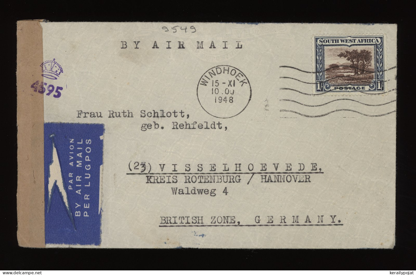 South West Africa 1948 Windhoek Censored Air Mail Cover To Germany__(9549) - Afrique Du Sud-Ouest (1923-1990)