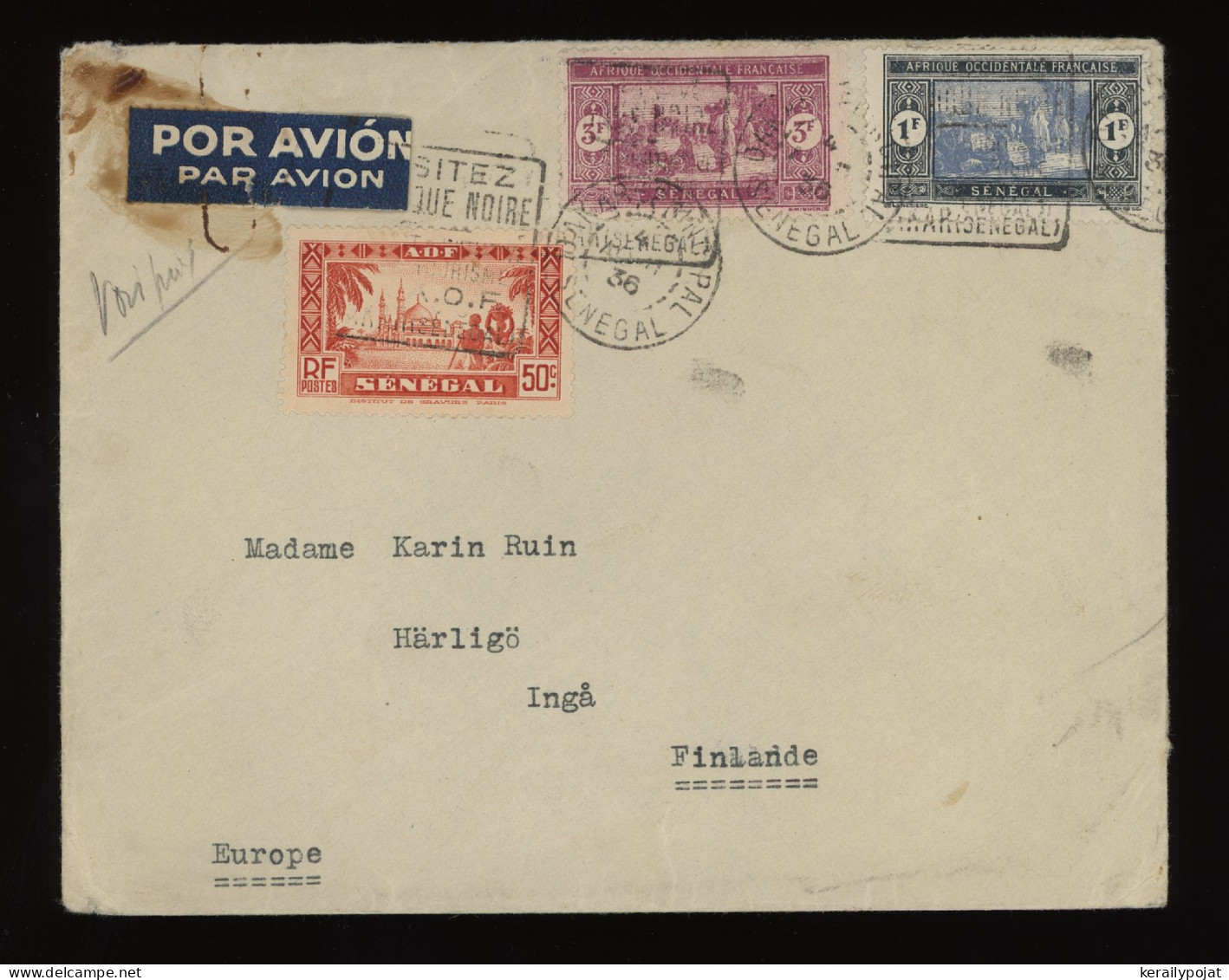 Senegal 1936 Air Mail Cover To Finland__(12271) - Airmail