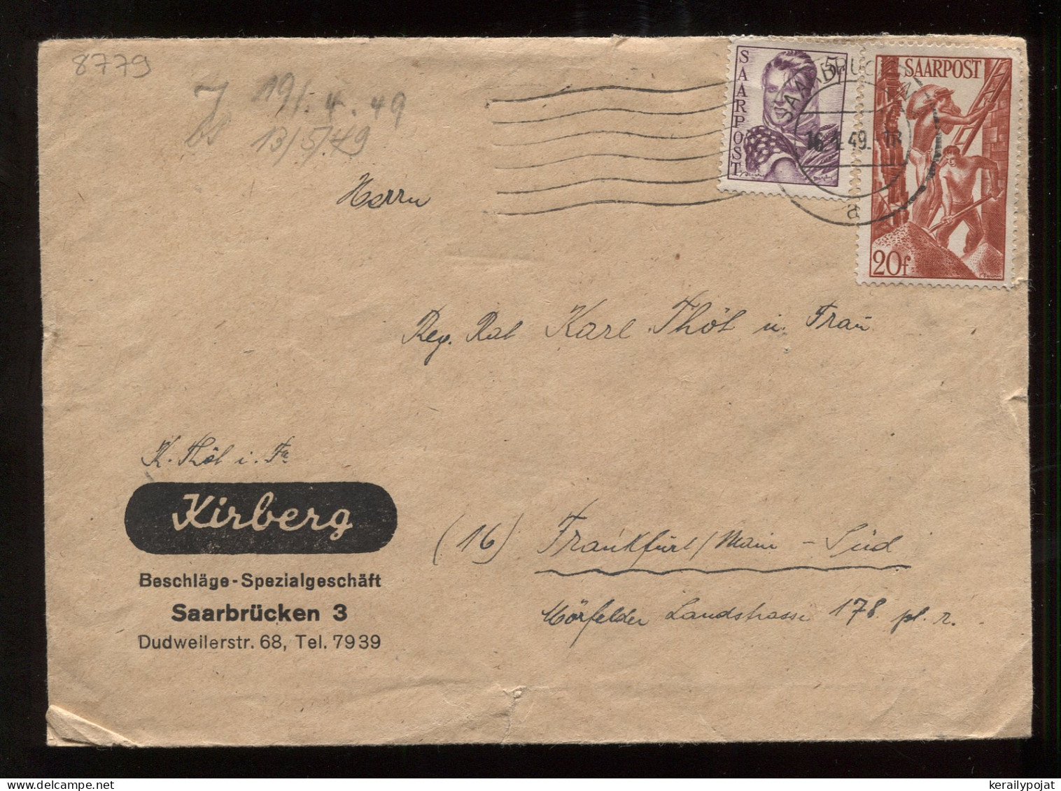Saarpost 1949 Saarbrucken Cover To Frankfurt__(8779) - Blocks & Kleinbögen