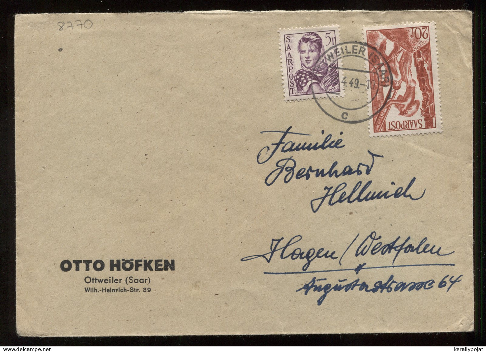Saarpost 1949 Ottweiler Business Cover To Hagen__(8770) - Blocks & Kleinbögen