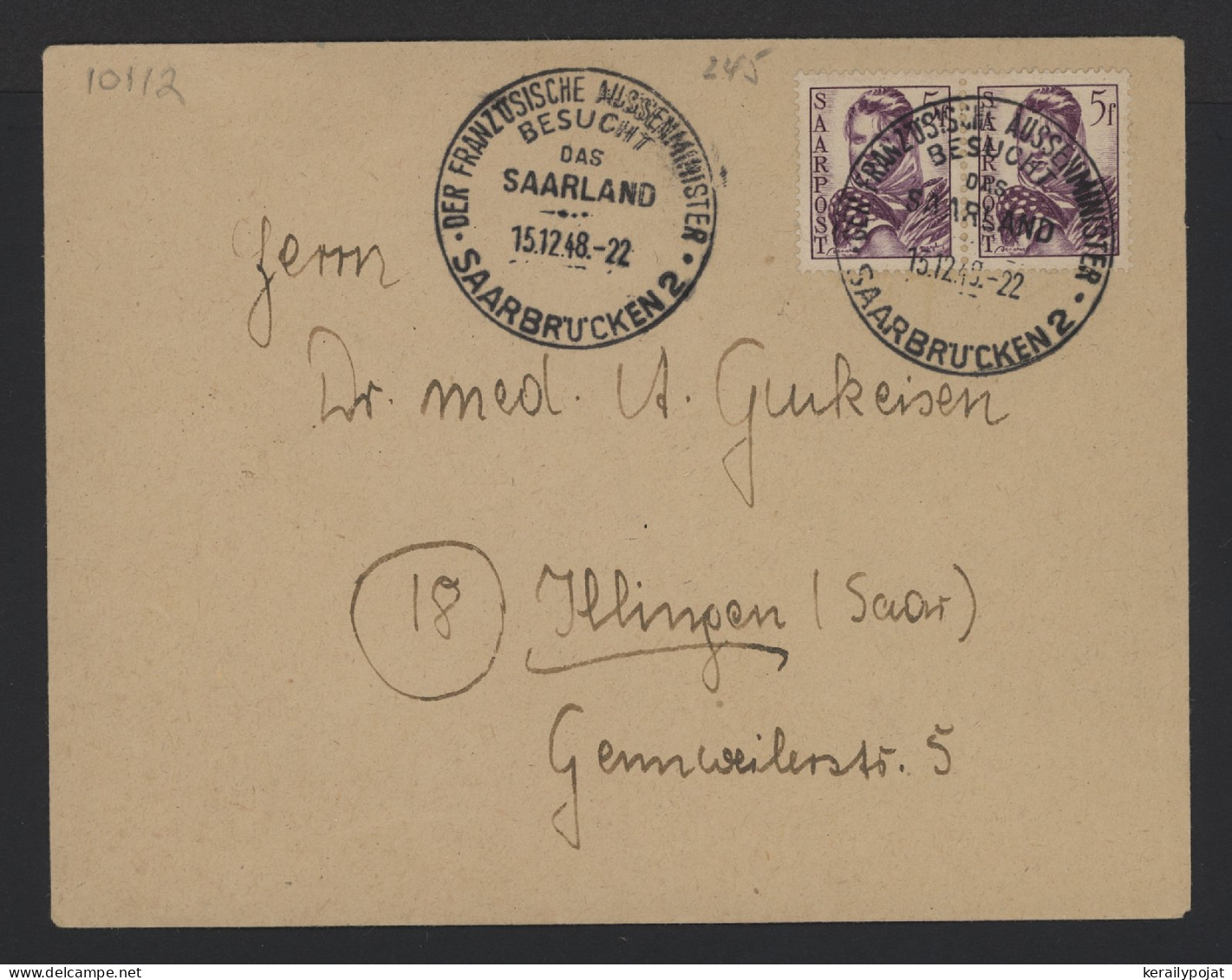 Saarpost 1948 Saarbrucken 2 Special Cancellation Cover To Illingen__(10112) - Blocks & Sheetlets