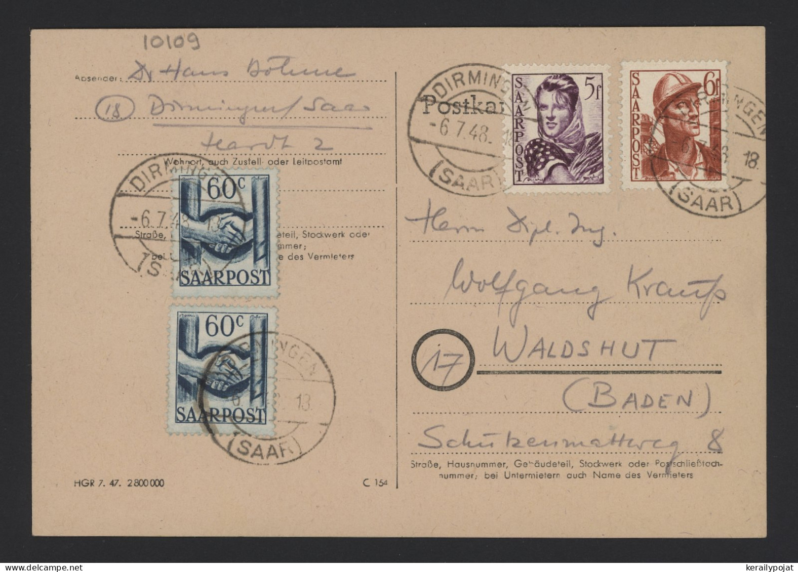 Saarpost 1948 Dirmingen Card To Waldshut__(10109) - Blocks & Kleinbögen