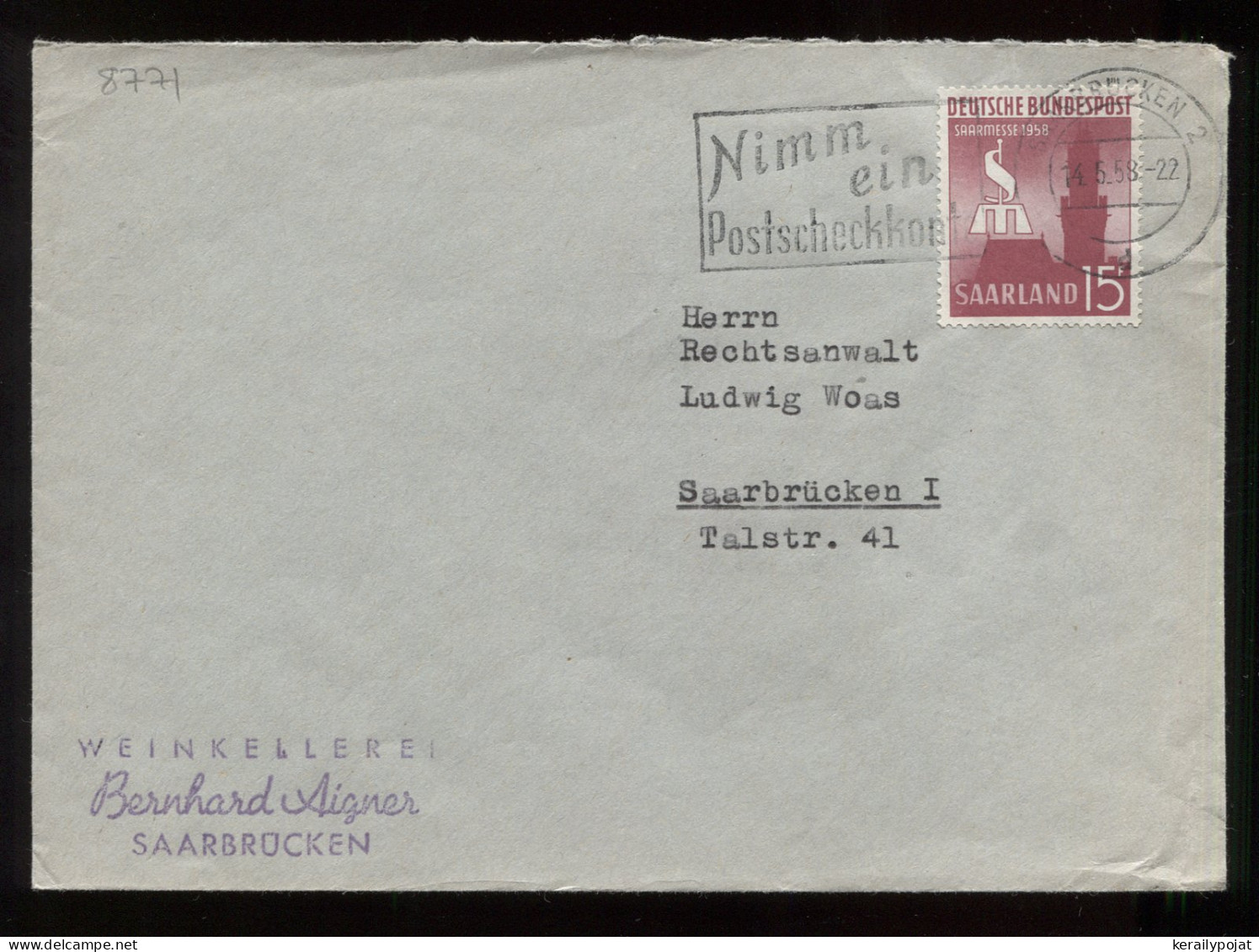 Saarland 1958 Saarbrucken 2 Slogan Cancellation Cover__(8771) - Storia Postale