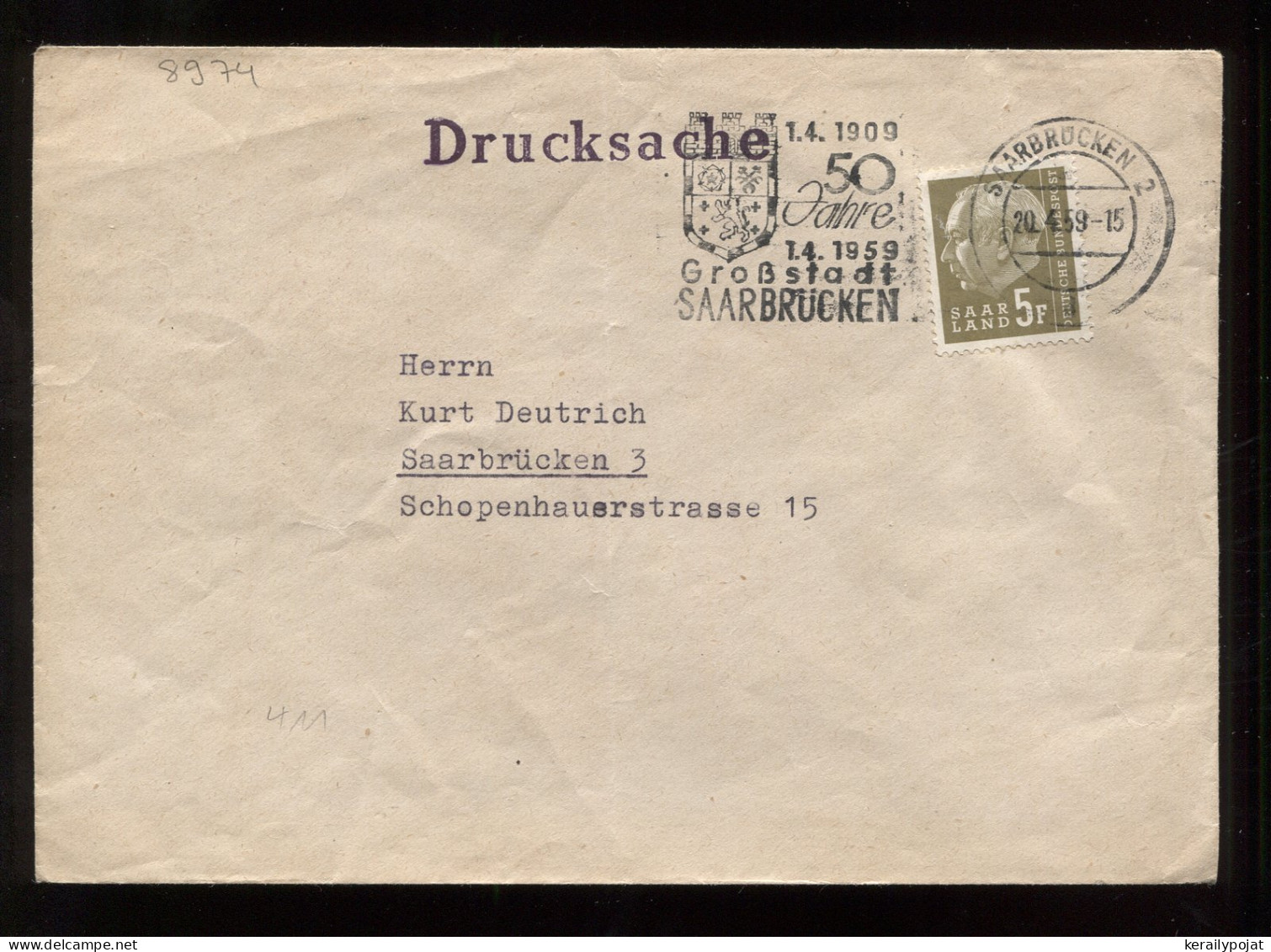 Saarland 1959 Saarbrucken 2 Slogan Cancellation Cover__(8974) - Brieven En Documenten