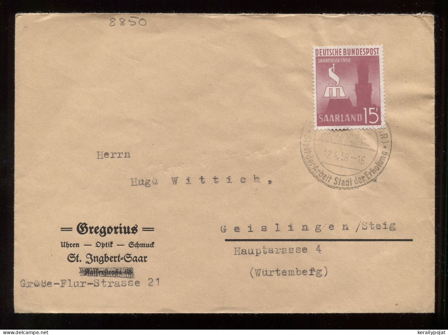 Saarland 1958 Special Cancellation Cover__(8850) - Lettres & Documents