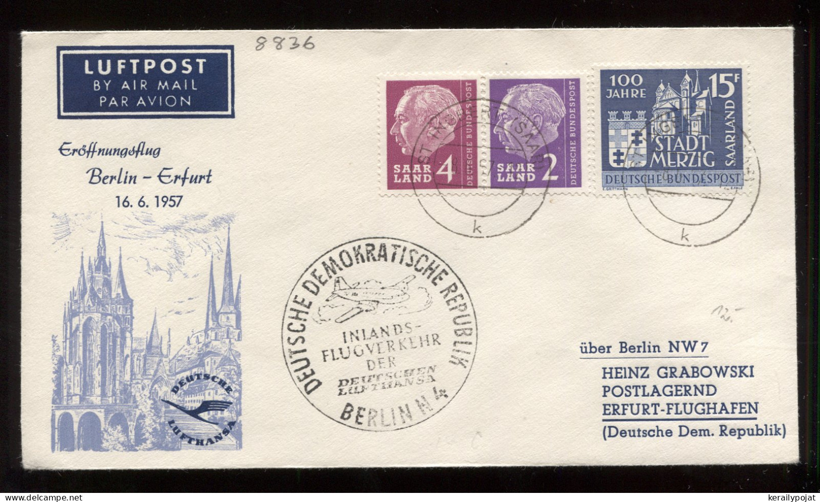 Saarland 1957 St. Ingbert First Flight Cover__(8836) - Brieven En Documenten