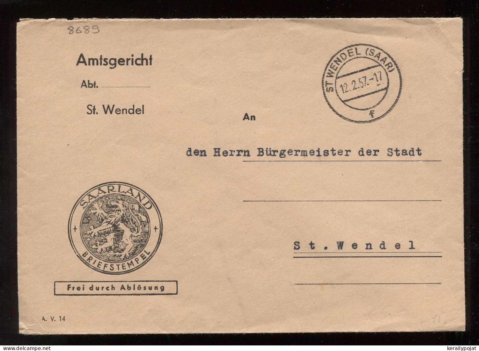 Saarland 1957 St.Wendel Burgermeister Cover__(8689) - Briefe U. Dokumente