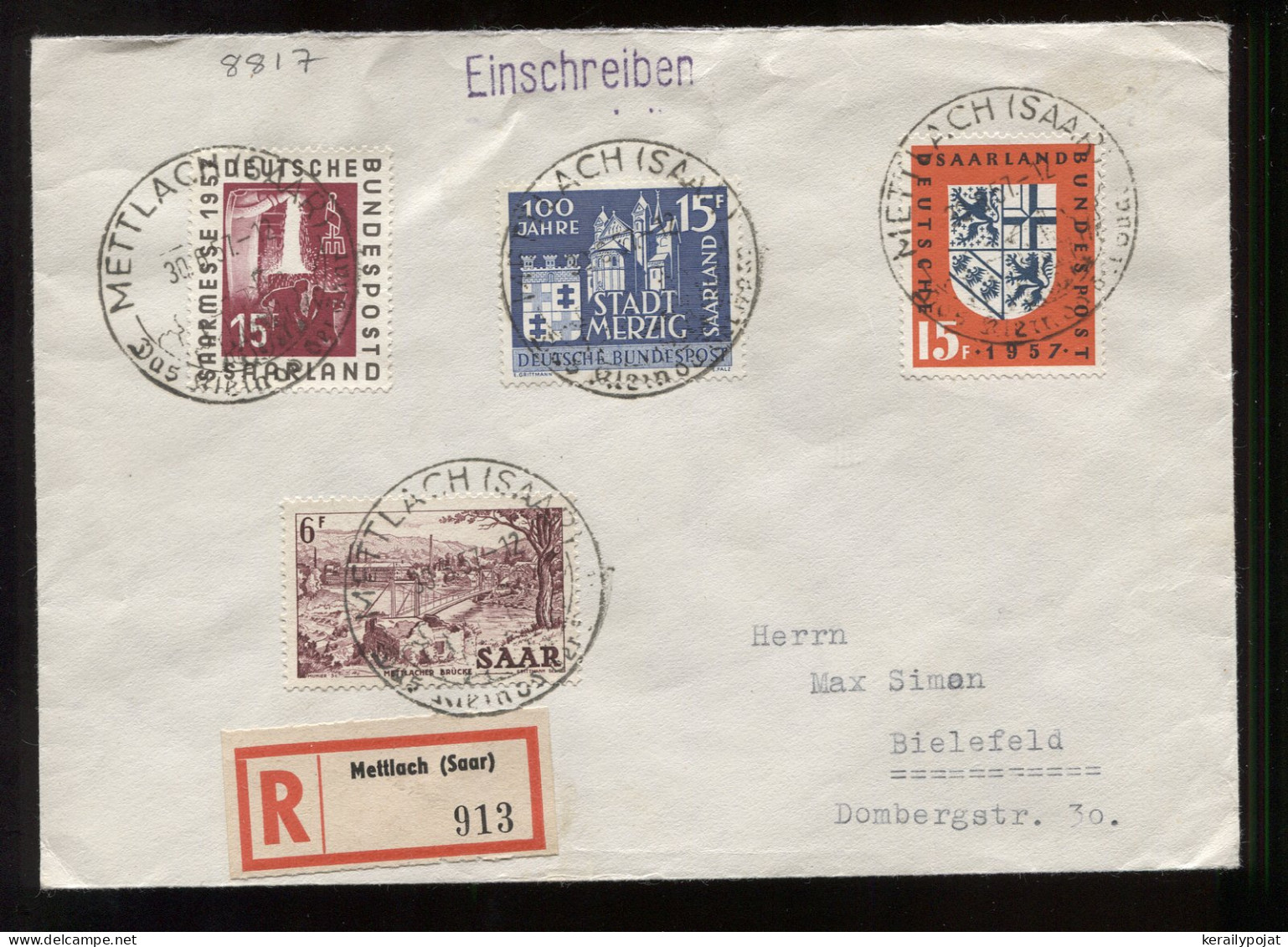 Saarland 1957 Mettlach Registered Cover To Bielefeld__(8817) - Storia Postale