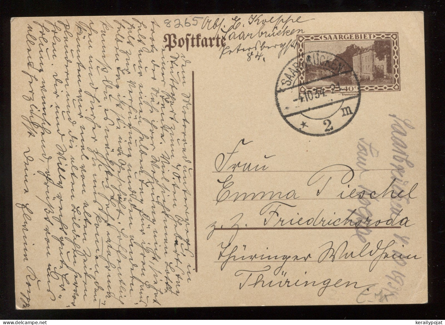 Saargebiet 1934 Saarbrucken 40c Stationery Card To Thuringen__(8265) - Entiers Postaux