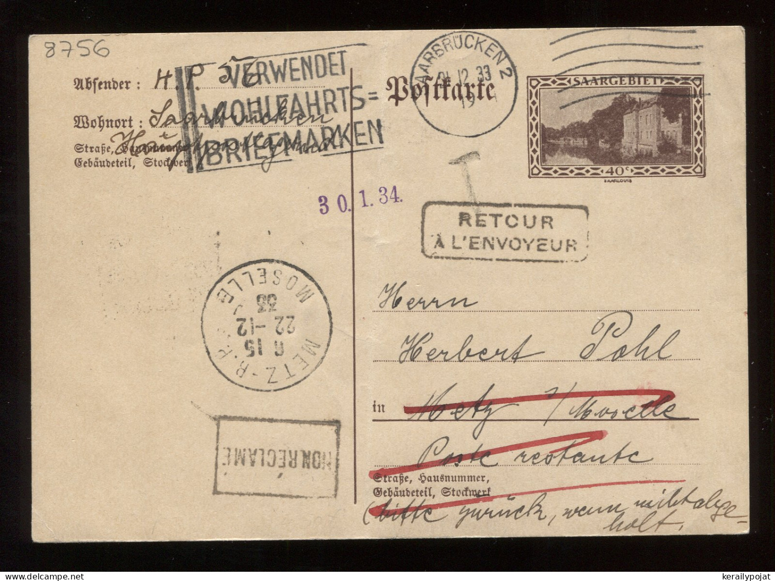 Saargebiet 1933 Saarbrucken 2 Returned Stationery Card__(8756) - Enteros Postales