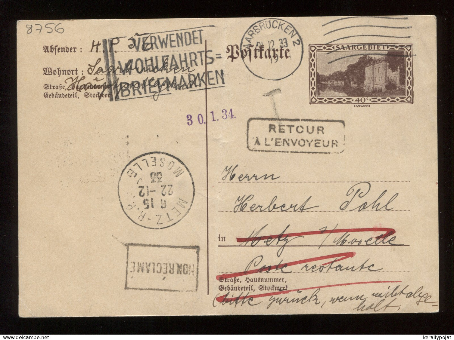 Saargebiet 1933 Saarbrucken 2 Returned Stationery Card__(8756) - Entiers Postaux