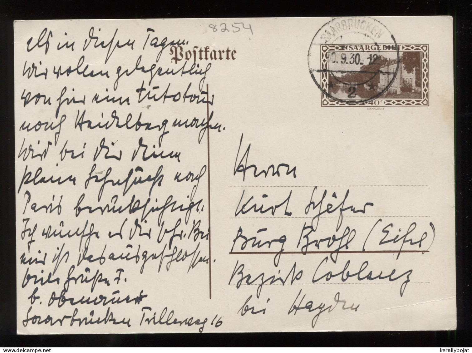 Saargebiet 1930 Saarbrucken 40c Stationery Card__(8254) - Interi Postali