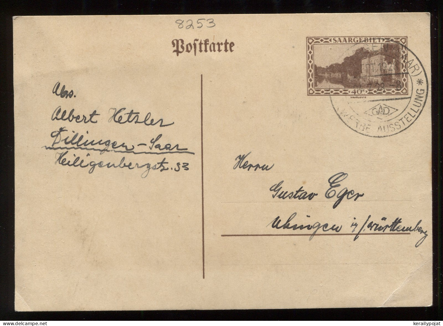 Saargebiet 1928 Special Cancellation Stationery Card__(8253) - Entiers Postaux