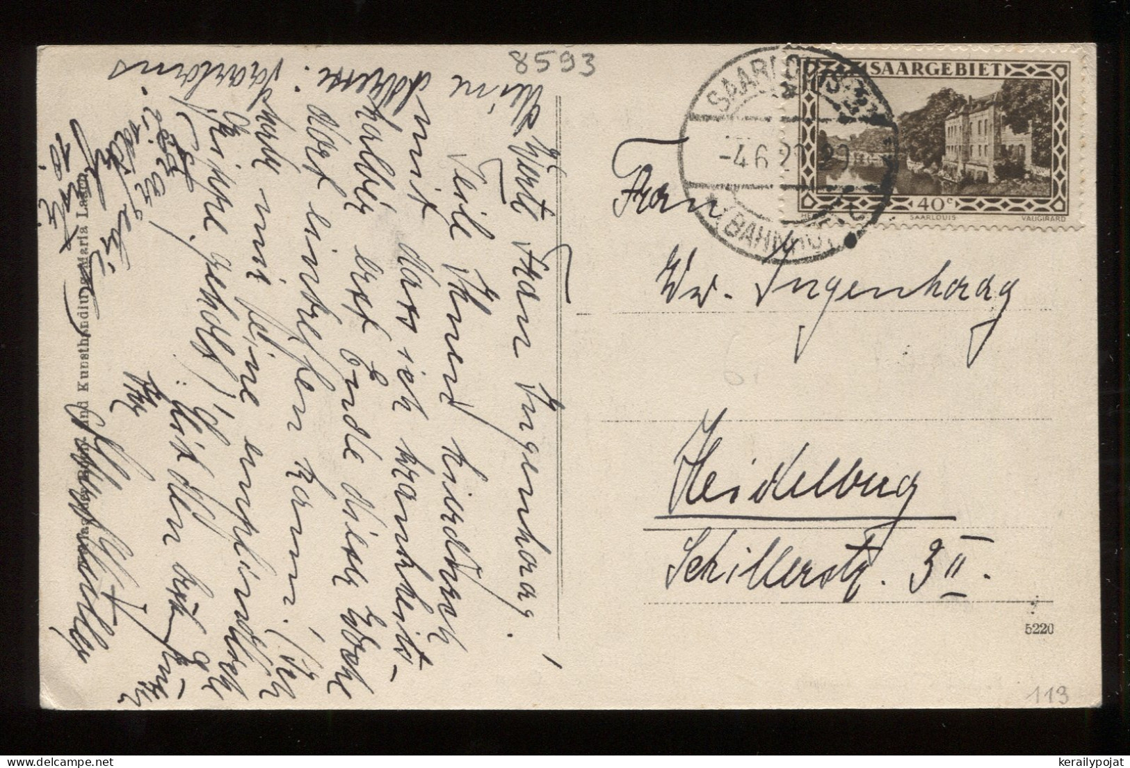 Saargebiet 1928 Saarbrucken Postcard To Heidelberg__(8593) - Briefe U. Dokumente