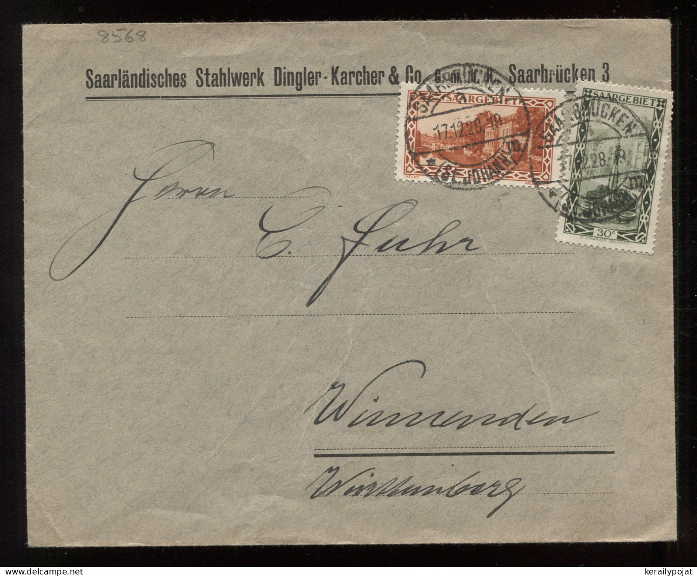 Saargebiet 1928 Saarbrucken Business Cover__(8568) - Lettres & Documents