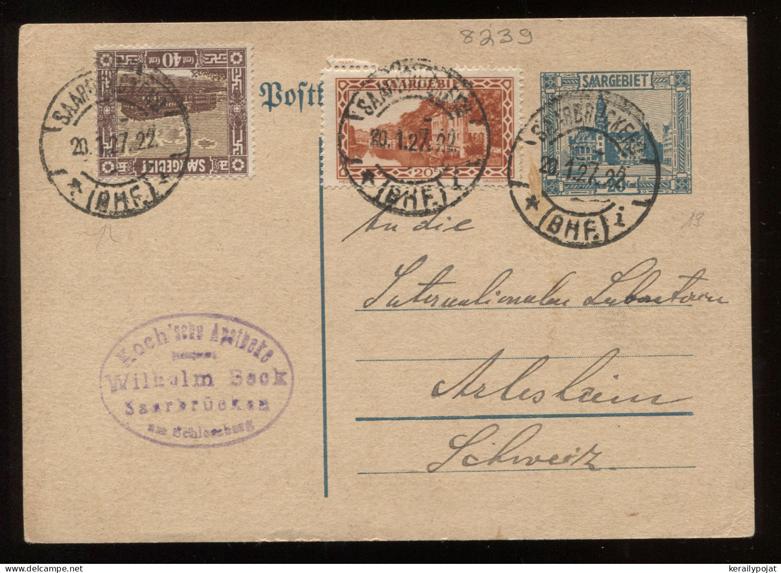 Saargebiet 1927 Saarbrucken Stationery Card To Switzerland__(8239) - Ganzsachen