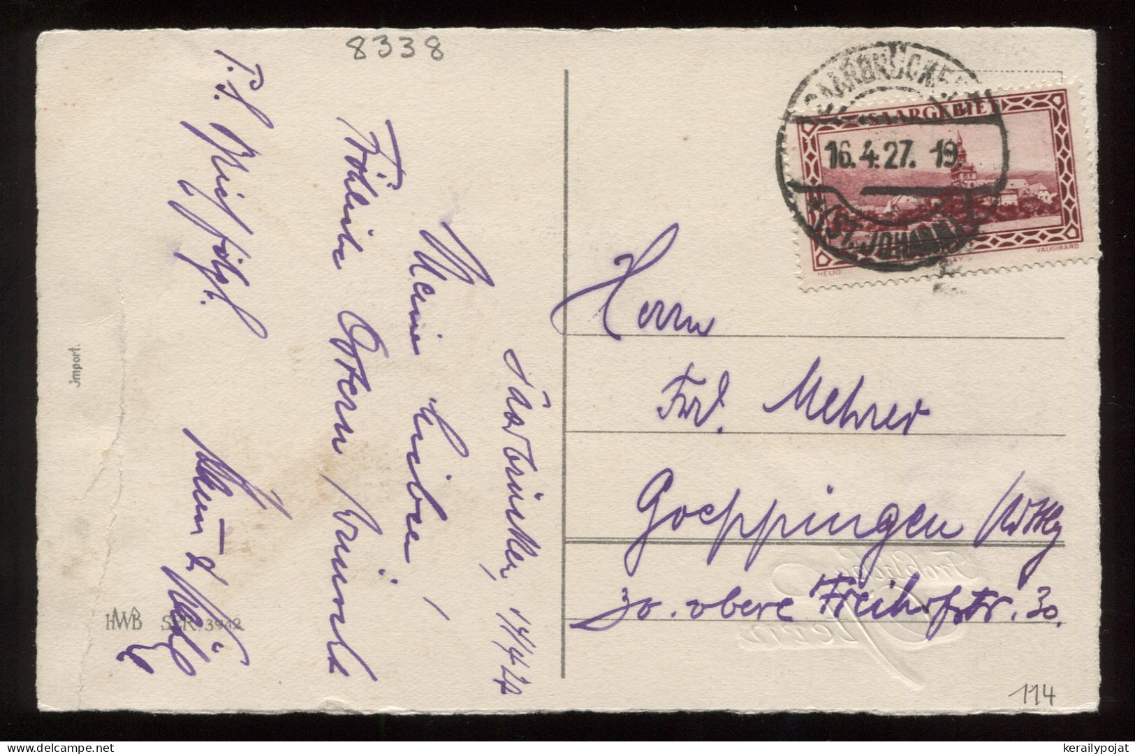 Saargebiet 1927 Saarbrucken Postcard To Göppingen__(8338) - Cartas & Documentos