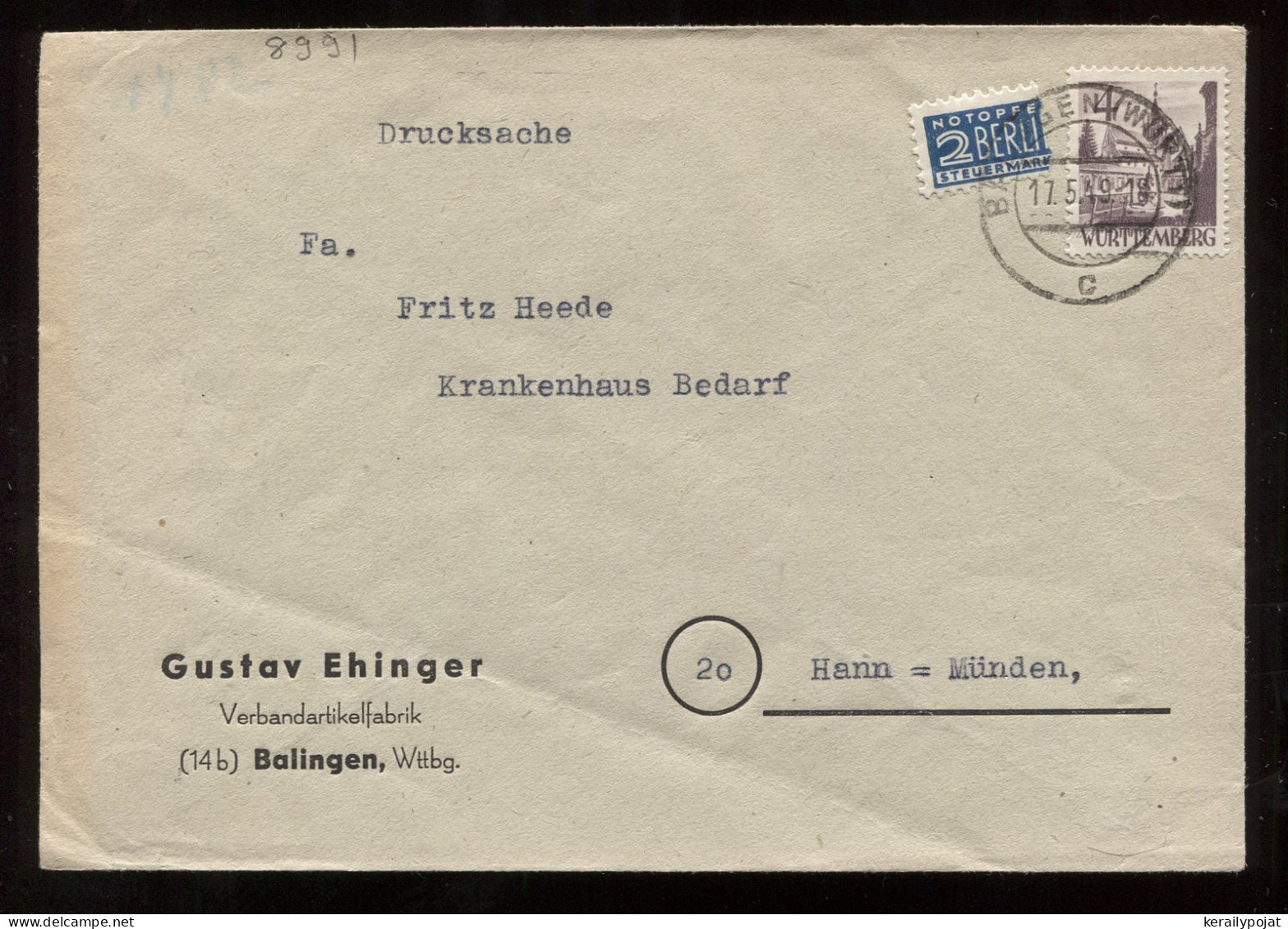 Wurttemberg 1949 Balingen Business Cover To Munden__(8991) - Briefe U. Dokumente