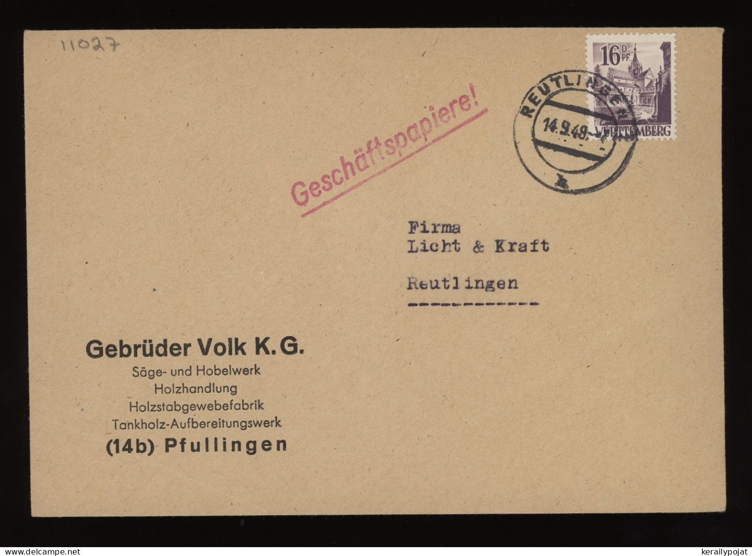 Wurttemberg 1948 Reutlingen Business Cover__(11027) - Brieven En Documenten