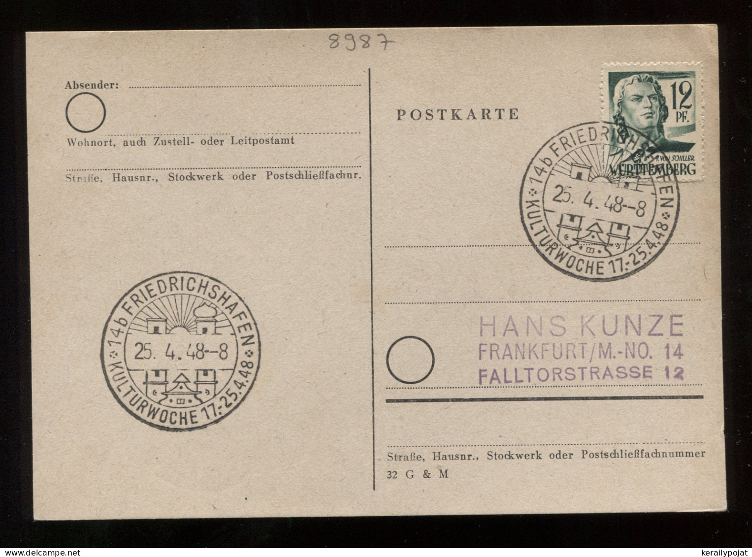 Wurttemberg 1948 Friedrichshafen Special Cancellation Card__(8987) - Covers & Documents