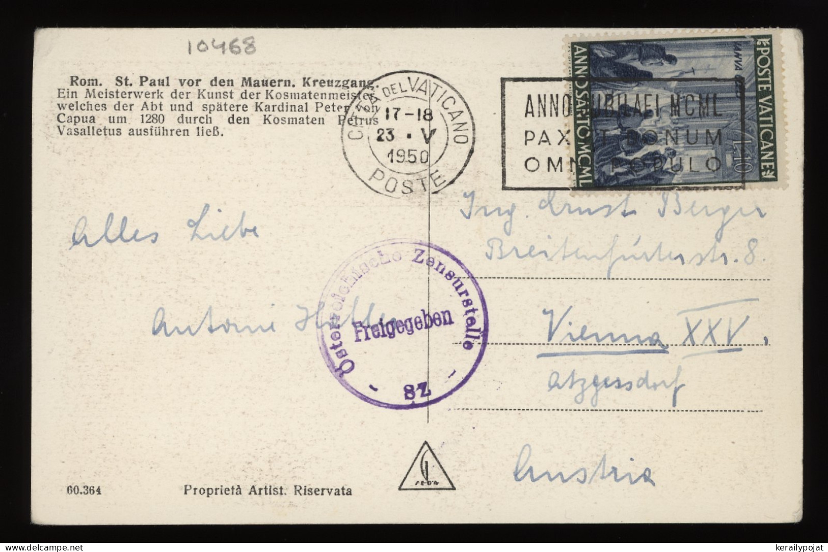 Vatican 1950 Censored Postcard To Wien__(10468) - Covers & Documents