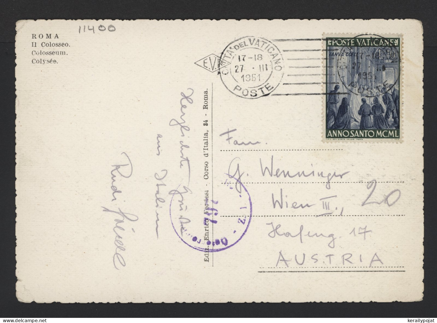 Vatican 1951 Censored Postcard To Austria__(11400) - Brieven En Documenten
