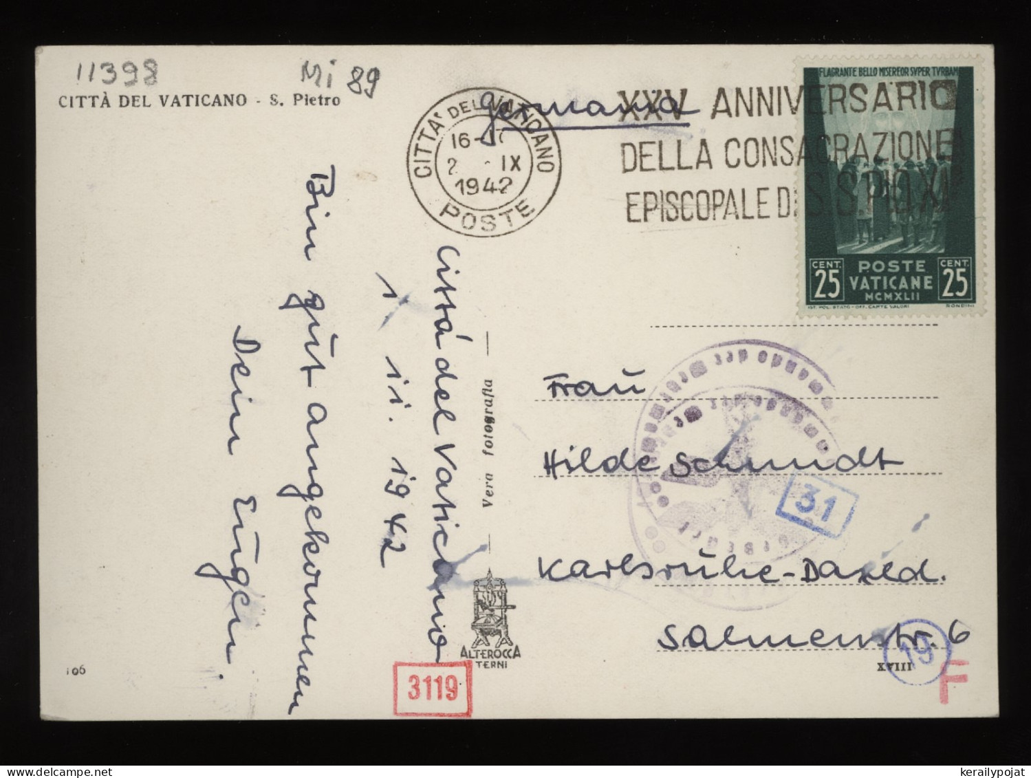 Vatican 1942 Censored Postcard To Karlsruhe__(11398) - Cartas & Documentos