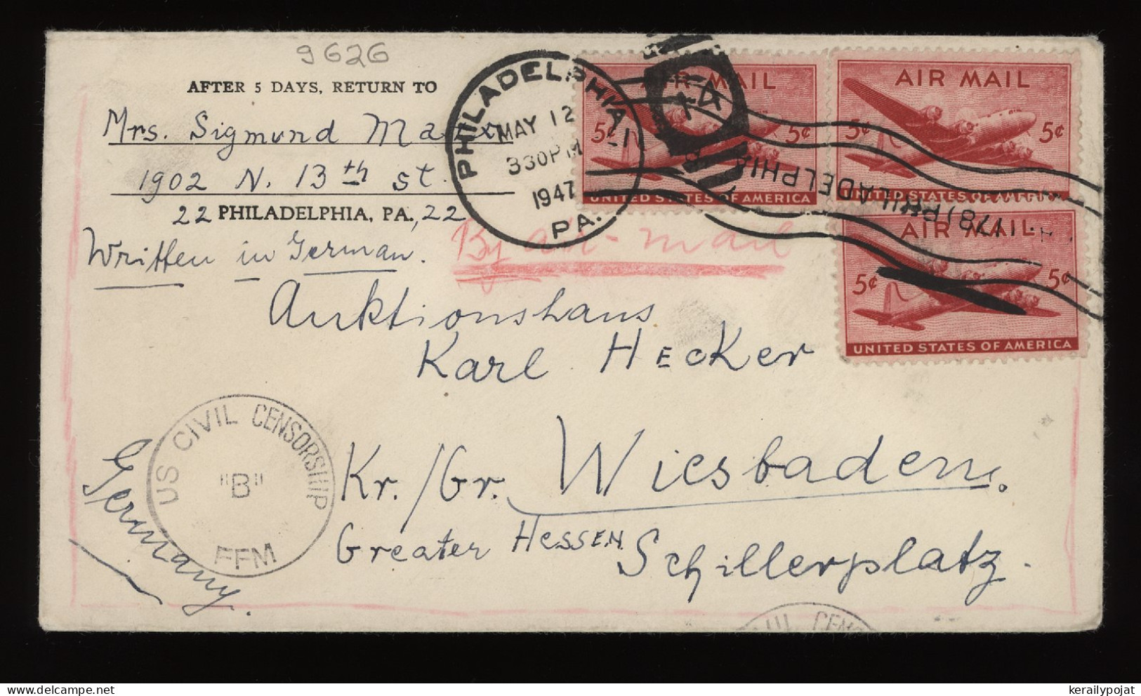 USA 1947 Philadelphia Censored Cover To Germany__(9626) - Covers & Documents