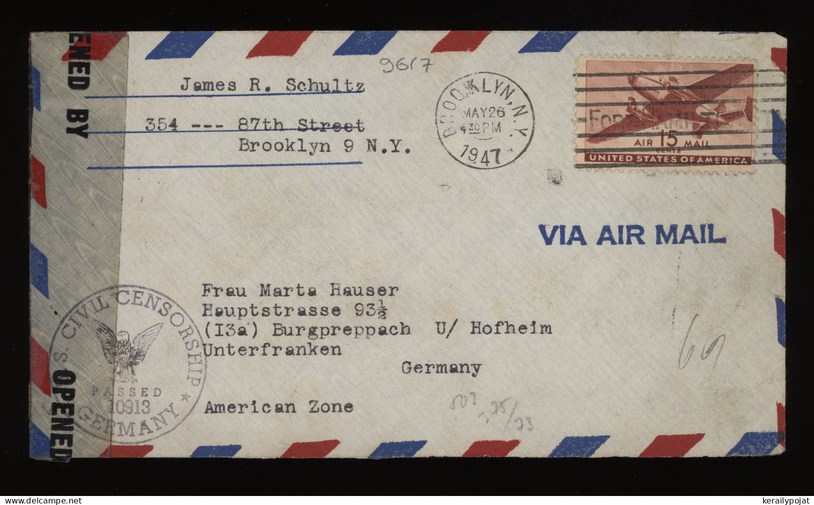 USA 1947 Brooklyn Censored Air Mail Cover To Germany__(9617) - 2c. 1941-1960 Brieven