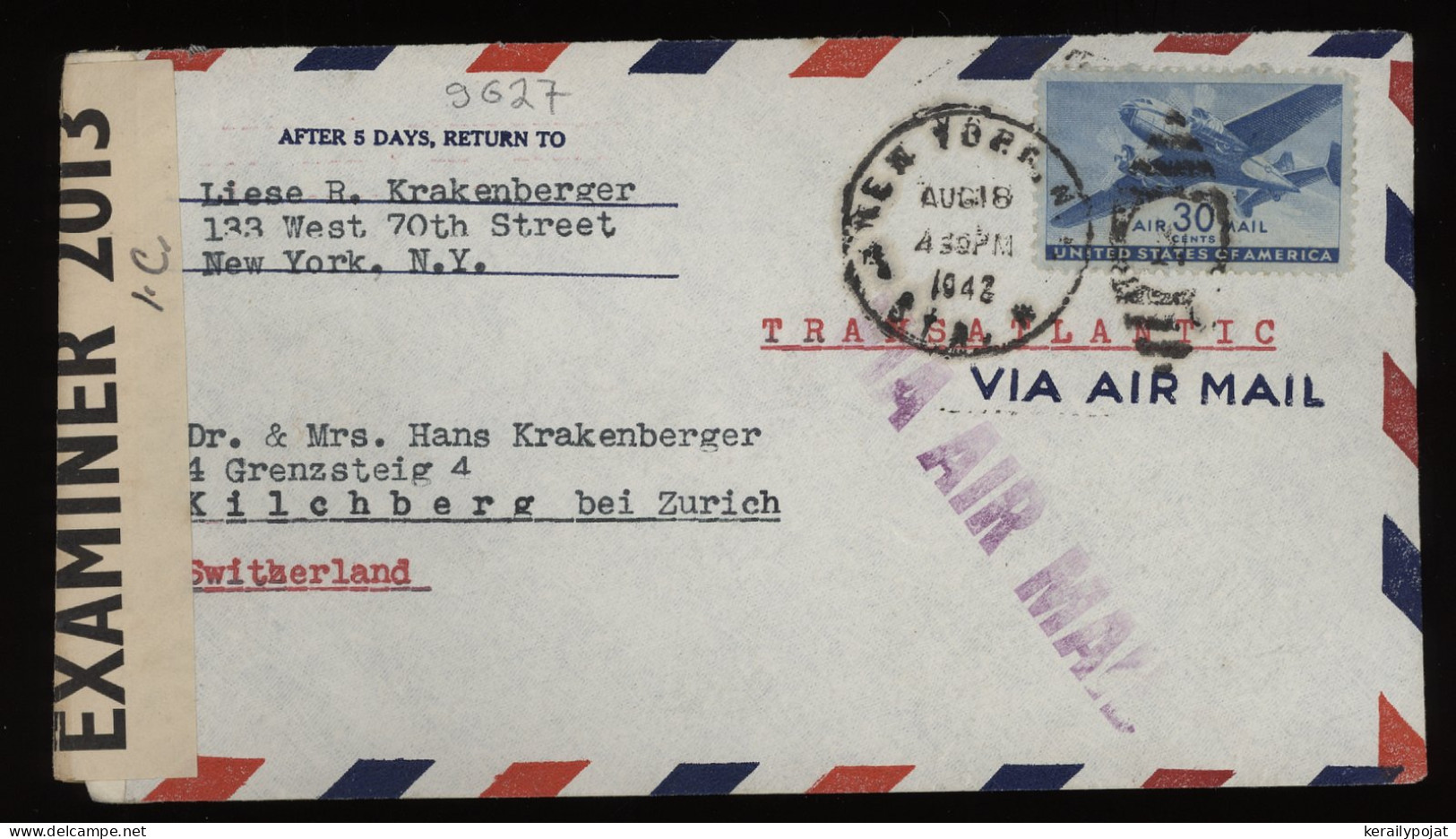 USA 1942 New York Censored Air Mail Cover To Switzerland__(9627) - 2c. 1941-1960 Storia Postale