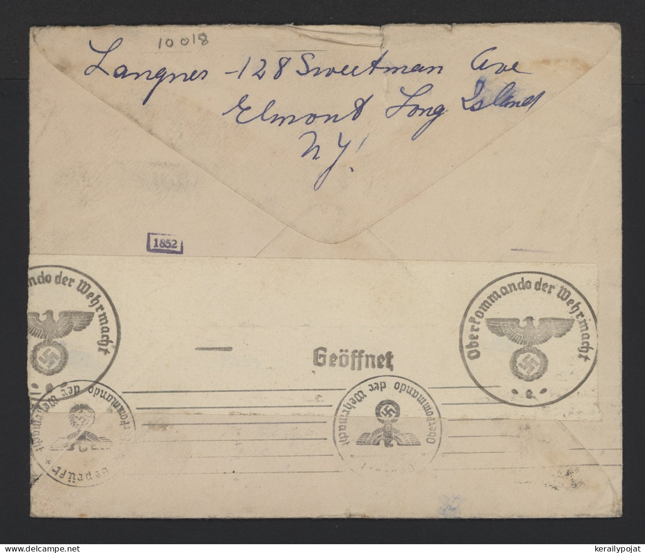 USA 1940 Franklin Square Censored Air Mail Cover To Germany__(10018) - 1c. 1918-1940 Storia Postale