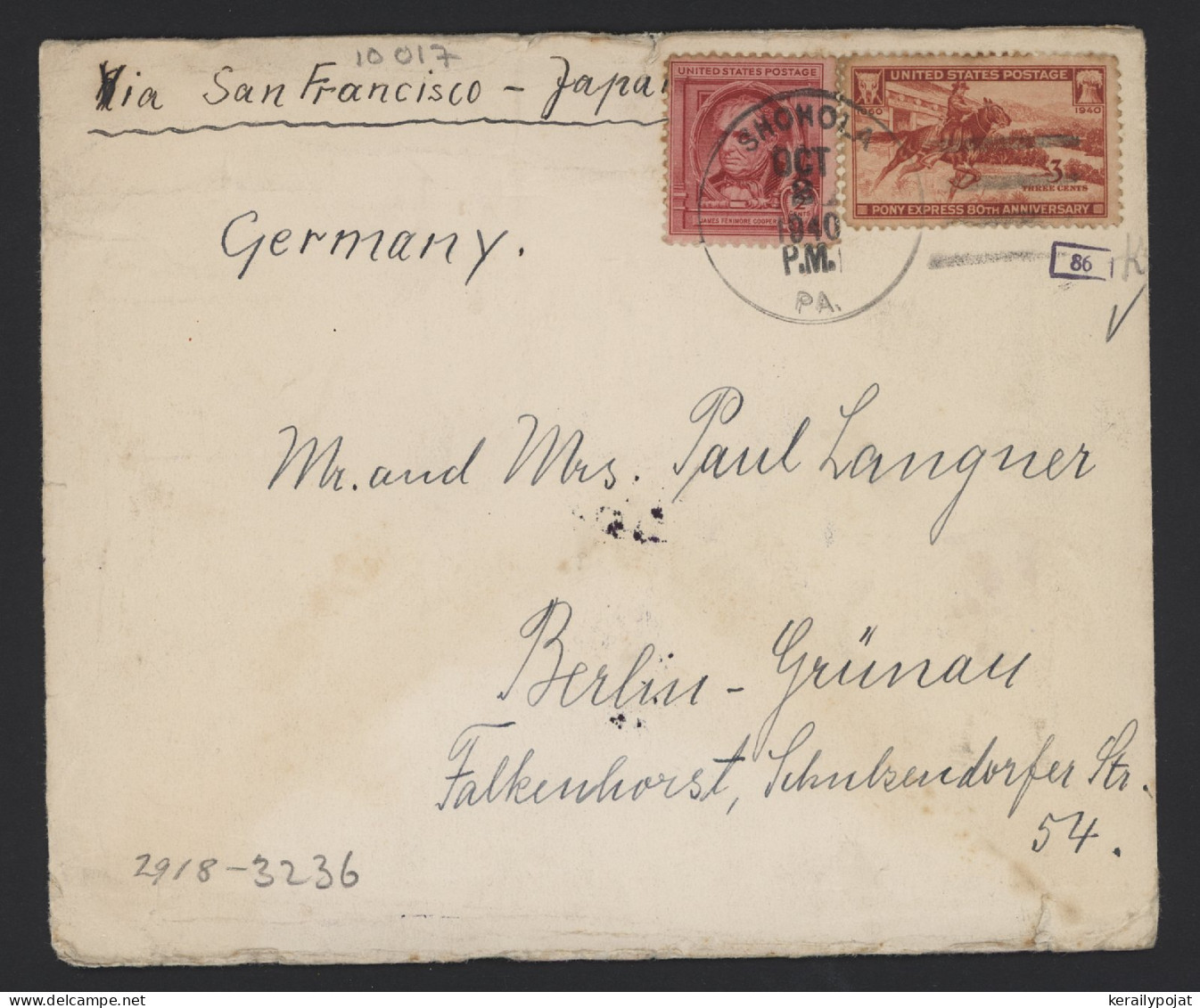 USA 1940 Shohola Air Mail Cover To Germany__(10017) - 1c. 1918-1940 Covers