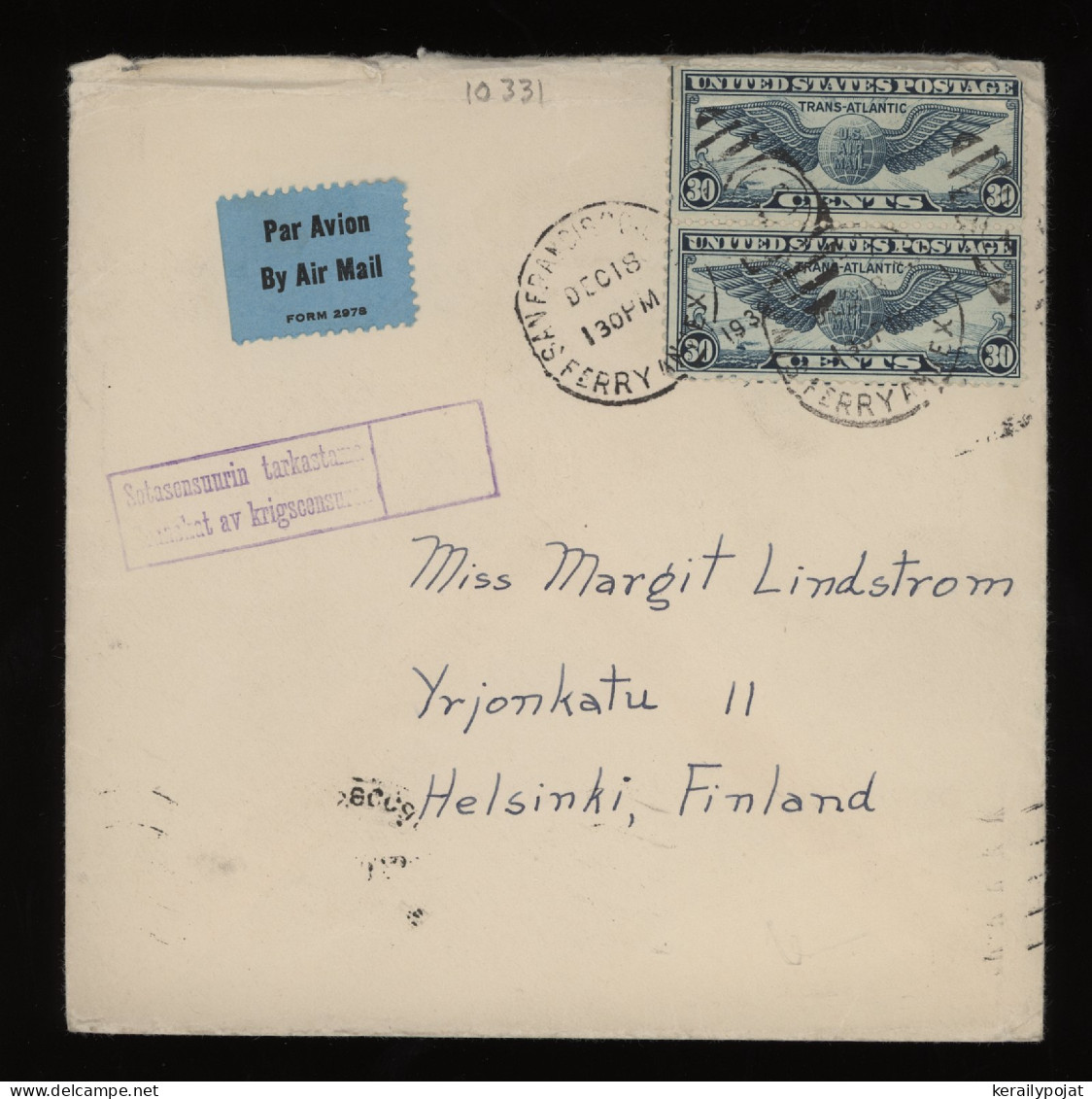 USA 1940 San Francisco Censored Air Mail Cover To Finland__(10331) - 1c. 1918-1940 Storia Postale