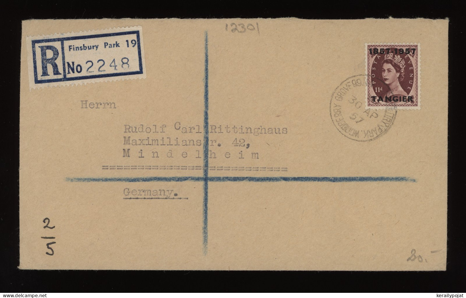 UK Morocco 1957 Finsbury Registered Cover To Germany__(12301) - Oficinas En  Marruecos / Tanger : (...-1958