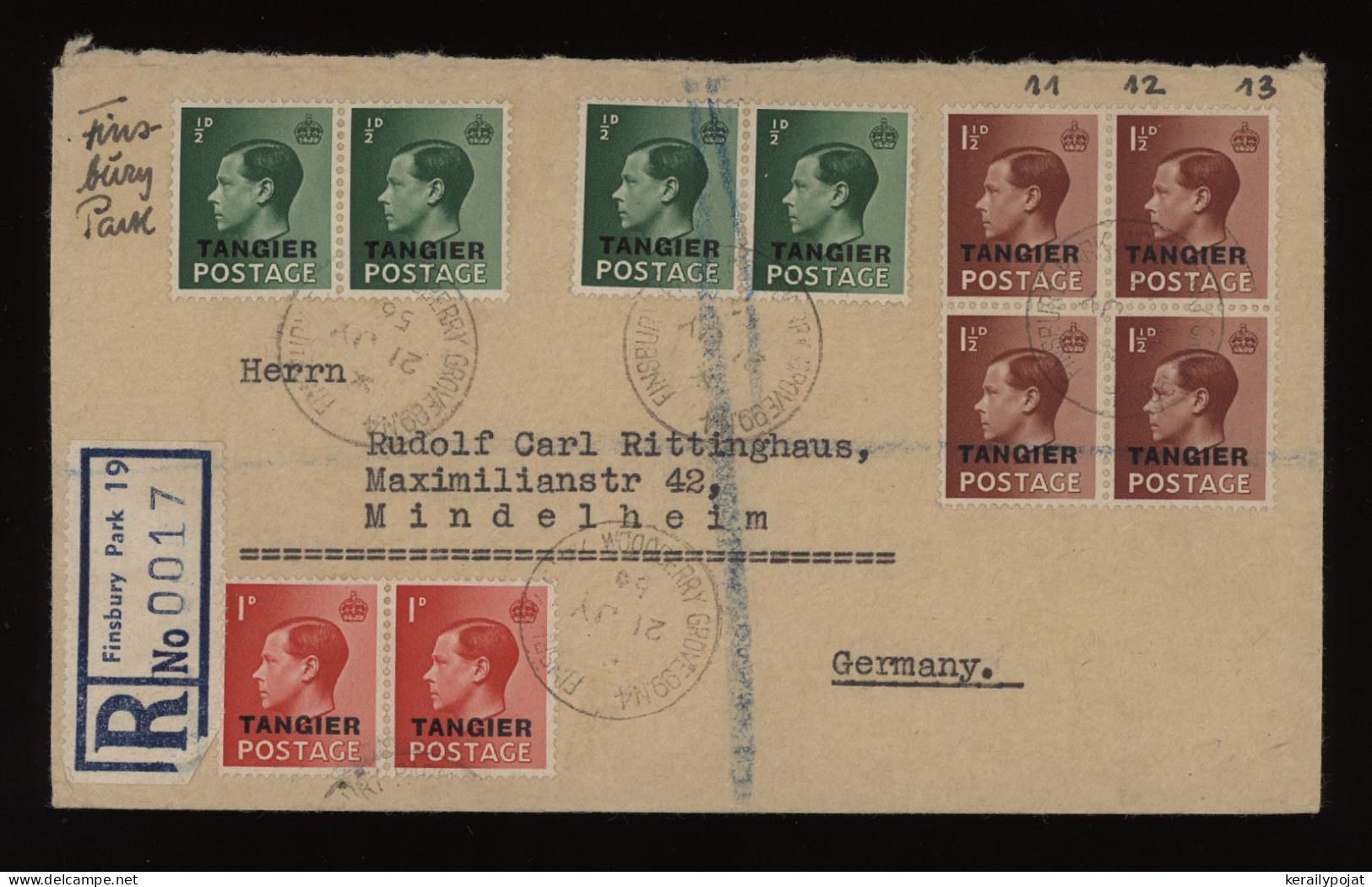 UK Morocco 1956 Finsbury Registered Cover To Germany__(12307) - Oficinas En  Marruecos / Tanger : (...-1958