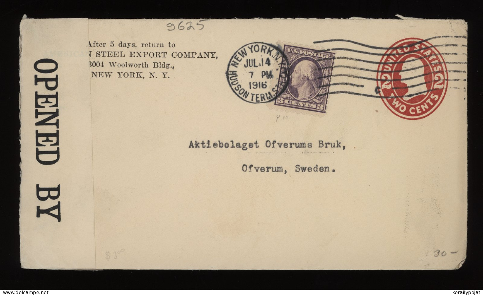 USA 1916 New York Censored Stationery Envelope To Sweden__(9625) - 1901-20