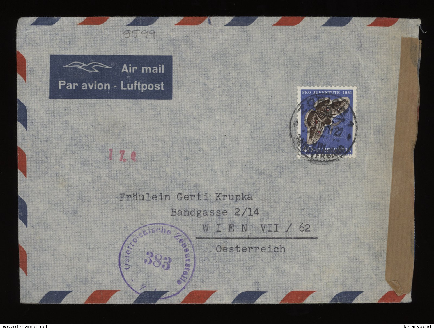 Switzerland 1951 Zurich Censored Air Mail Cover To Austria__(9599) - Other & Unclassified