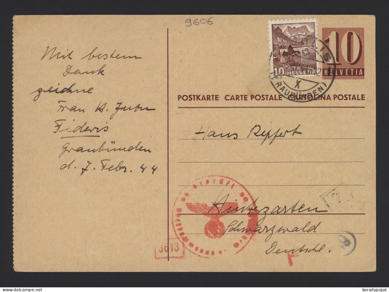 Switzerland 1944 Censored Stationery Card To Germany__(9606) - Entiers Postaux