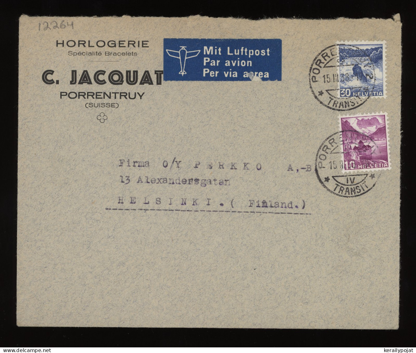 Switzerland 1938 Porrentruy Air Mail Cover To Finland__(12264) - Otros & Sin Clasificación