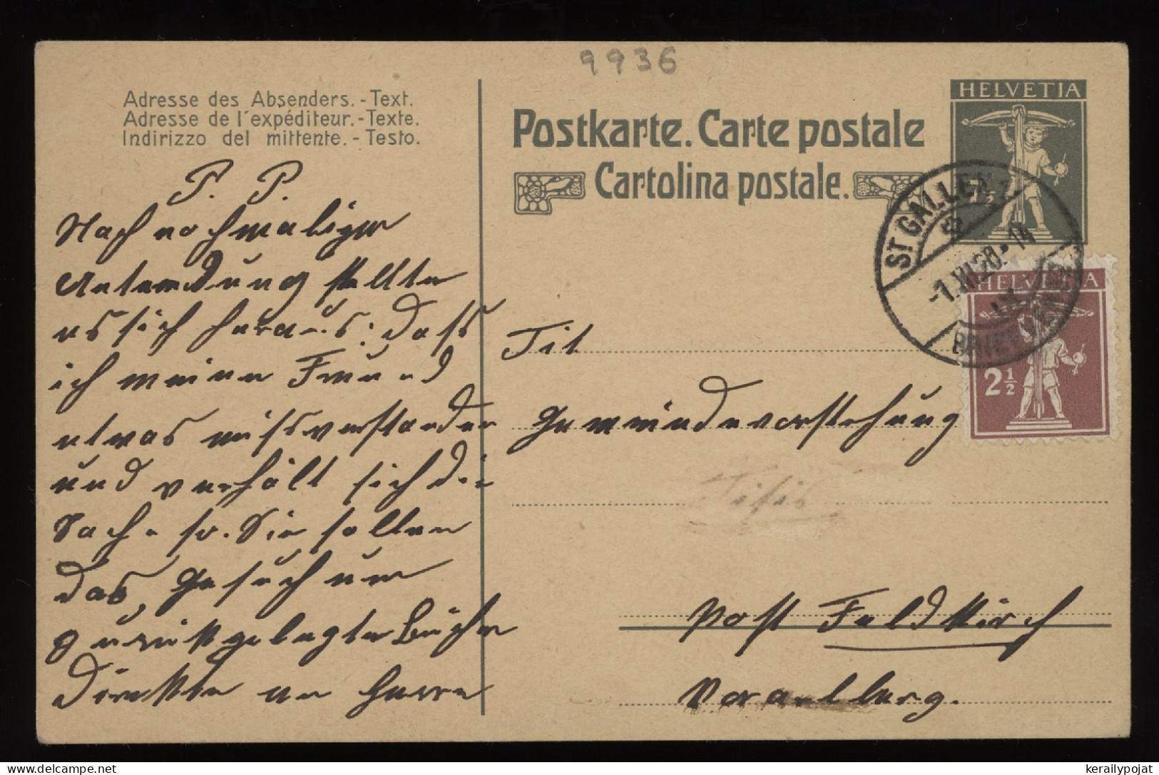 Switzerland 1928 St. Gallen Stationery Card To Feldkirch__(9936) - Entiers Postaux