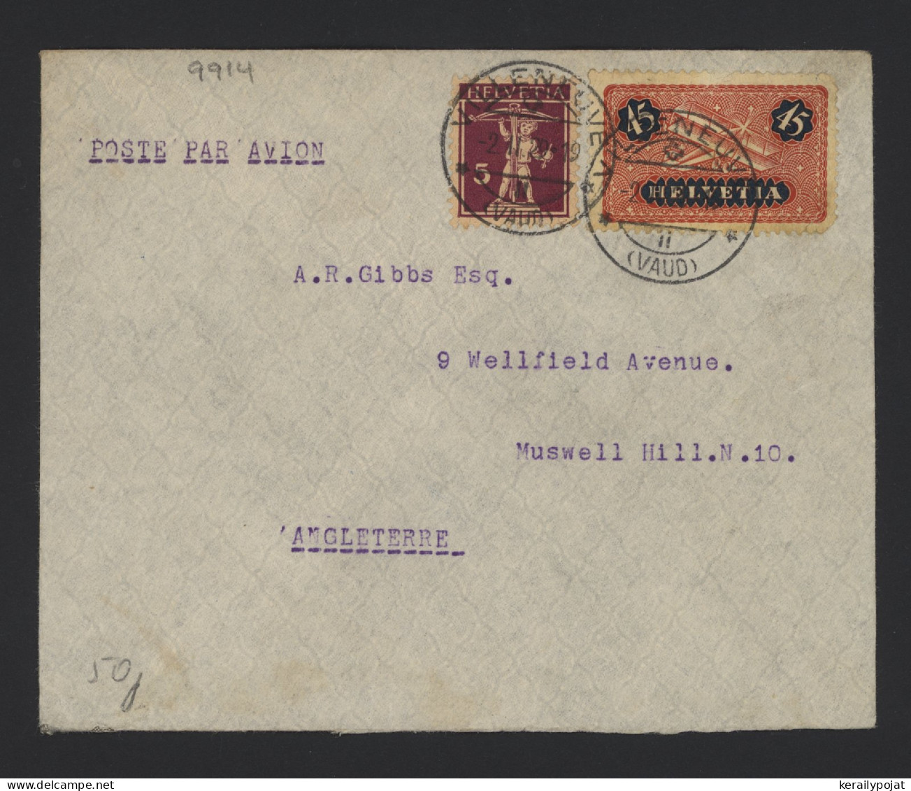 Switzerland 1929 Villeneuve Air Mail Cover To UK__(9914) - Sonstige & Ohne Zuordnung
